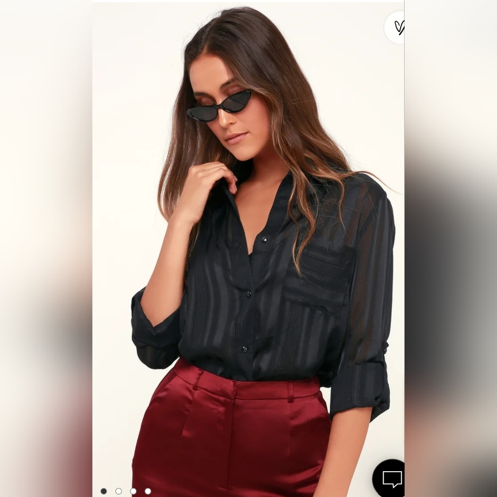 Alyssia Black Striped Sheer Long Sleeve Button-Up Top